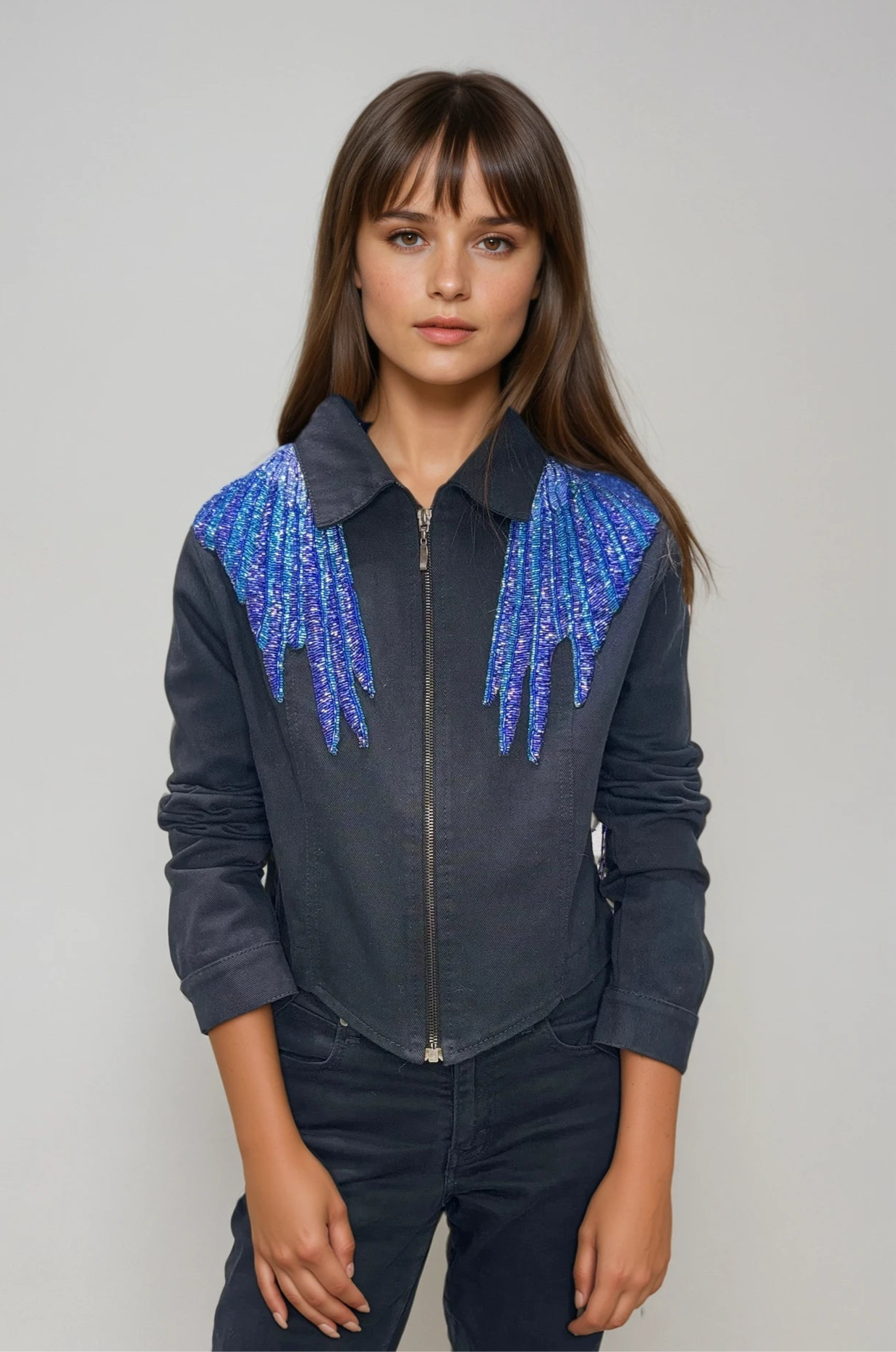 Blue wings black denim jacket