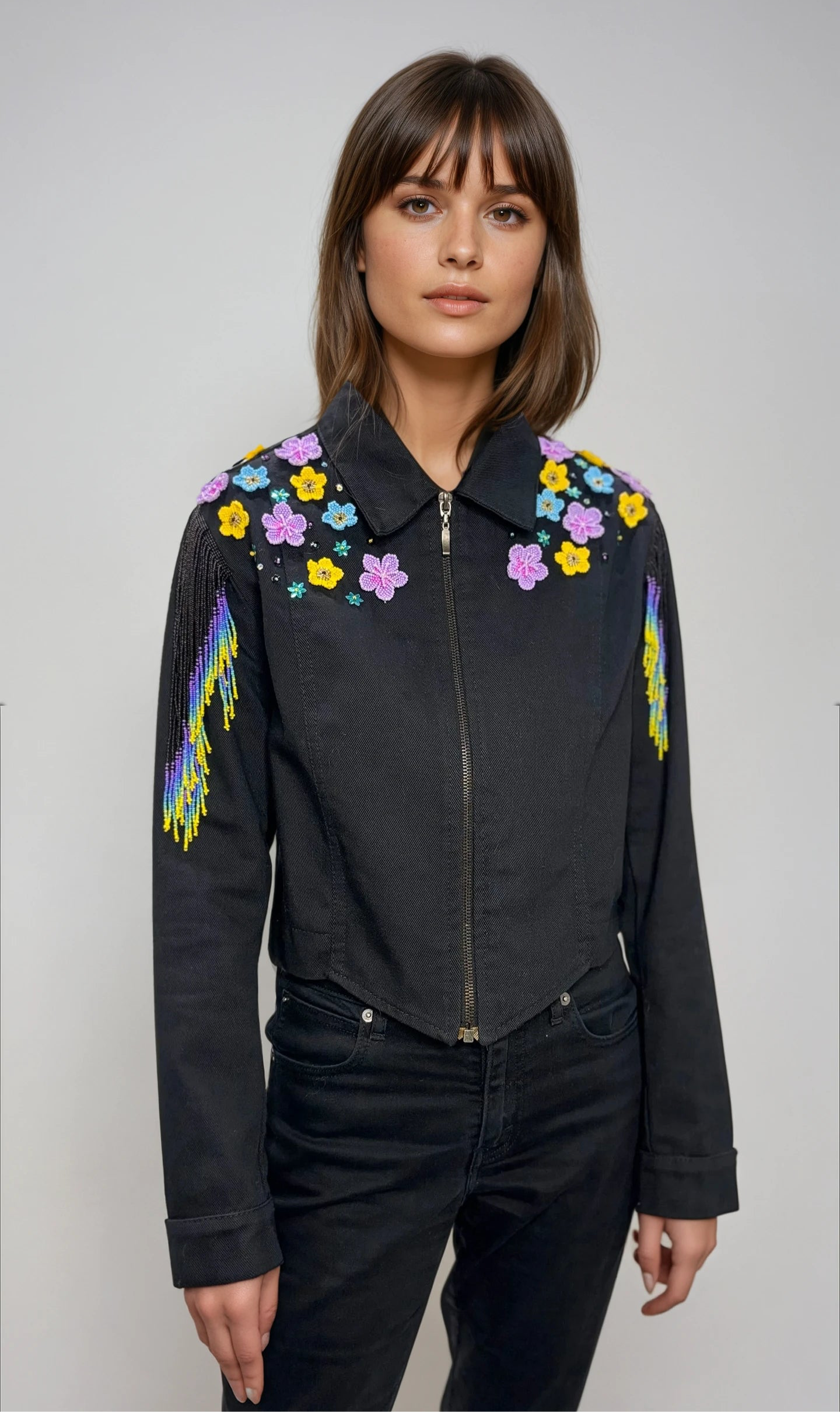 Black denim flower jacket
