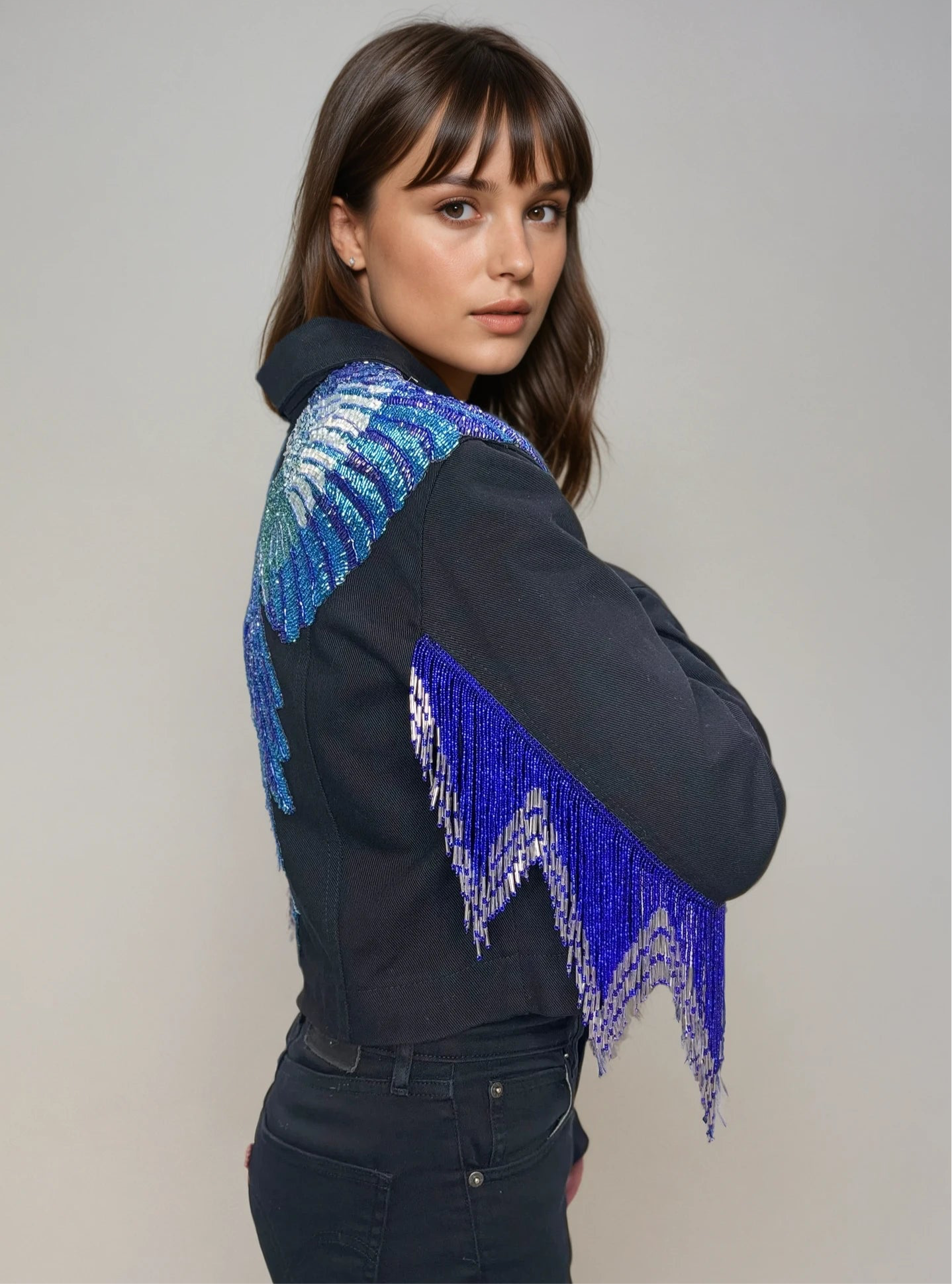 Blue wings black denim jacket