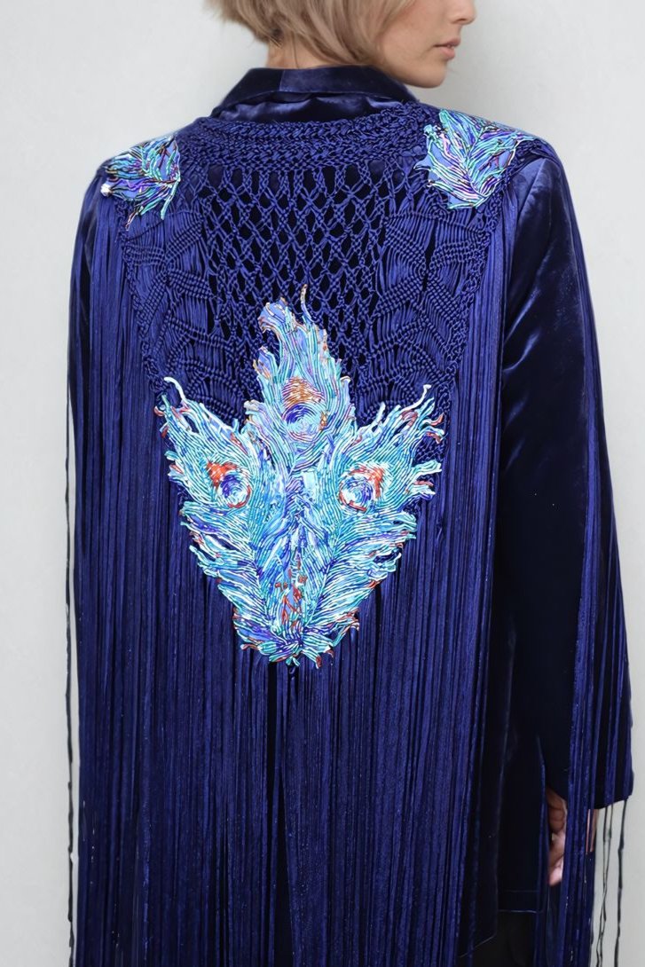 Blue Peacock Macrame Fringes Jacket