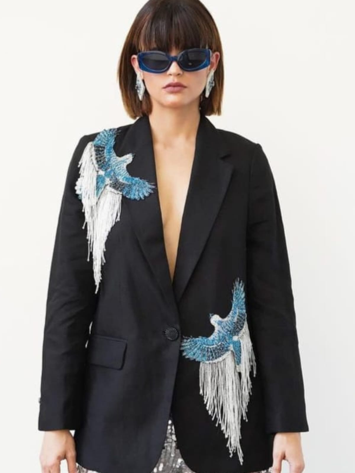 Fringed Blue Birds Blazer